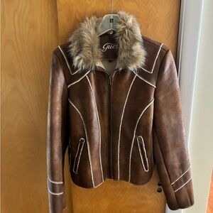 Guess Women's Brown Jacket with Faux Fur Collar